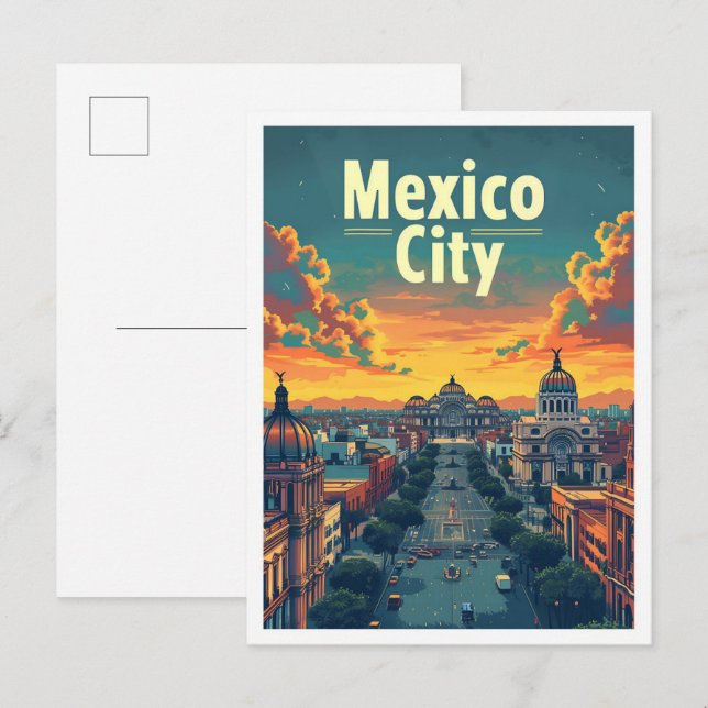 Carte Postale Illustration de voyage d'art Vintage à Mexico (Devant / Derrière)