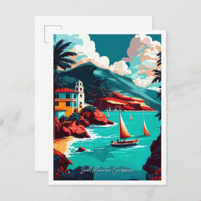 Carte Postale Illustration de voyage de Saint Maarten dans les C (Devant / Derrière)