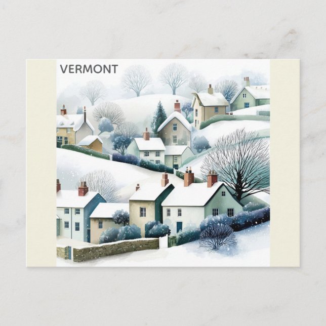 Carte Postale Illustration de voyage du Vermont Snowy Winter Vil (Devant)