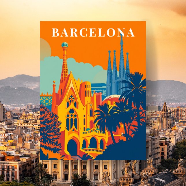 Carte Postale Illustration de voyage rétro à Barcelone en Espagn (Barcelona Spain Retro Travel Illustration Postcard)