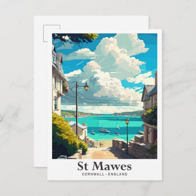 Carte Postale Illustration de voyage St Mawes Cornwall Angleterr (Devant / Derrière)