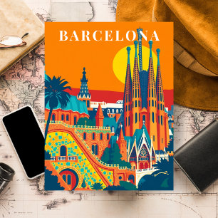Carte Postale Illustration de voyage vintage à Barcelone, Espagn