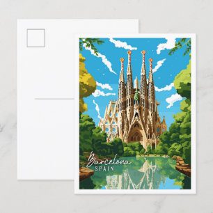 Carte Postale Illustration de voyage vintage Barcelone Espagne