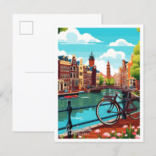 Carte Postale Illustration de voyage vintage d'Amsterdam Pays-Ba