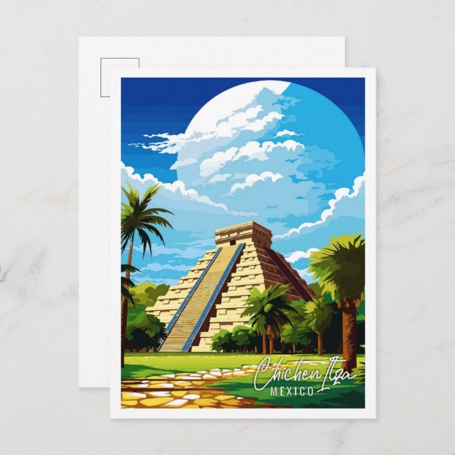 Carte Postale Illustration de voyage vintage de Chichen Itza Mex (Devant / Derrière)