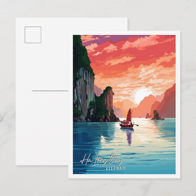 Carte Postale Illustration de voyage vintage Ha Long Bay Vietnam (Devant / Derrière)