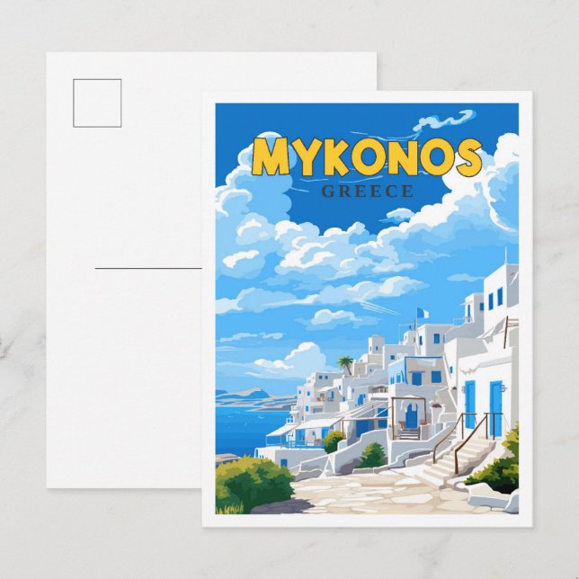 Carte Postale Illustration de voyage vintage Mykonos Greece (Devant / Derrière)