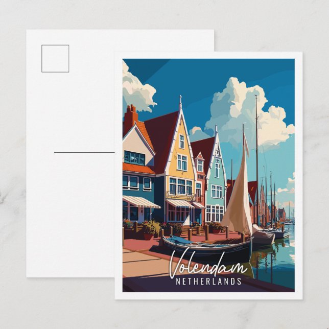 Carte Postale Illustration de voyage vintage Volendam Pays-Bas (Devant / Derrière)