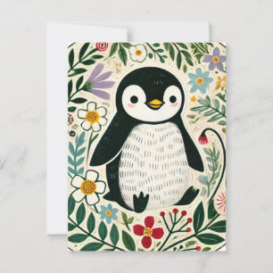 Carte Postale Illustration des amateurs de pingouins fleurs sauv