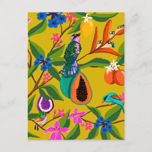 Carte Postale Illustration des oiseaux et des fleurs sauvages de