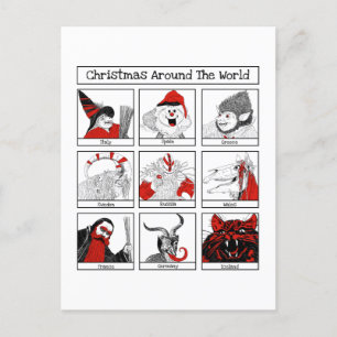 Carte Postale Illustration des personnages de Noël dans le monde