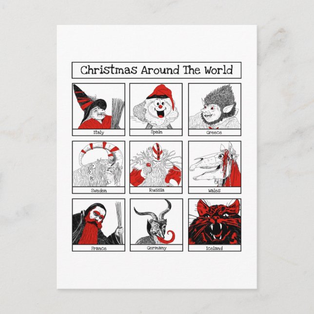 Carte Postale Illustration des personnages de Noël dans le monde (Devant)