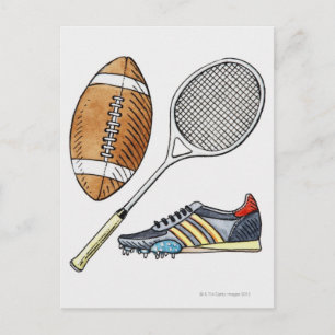 Carte Postale Illustration du ballon de rugby, de la raquette de