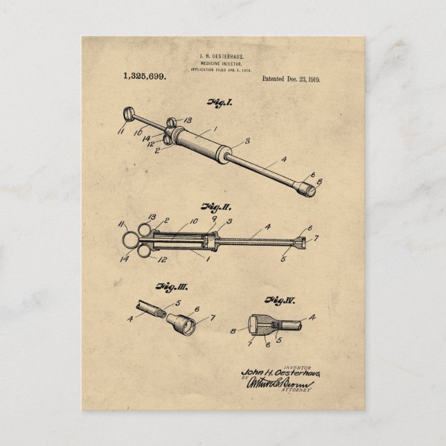 Carte Postale Illustration du brevet de l'injecteur de médecine  (Devant)
