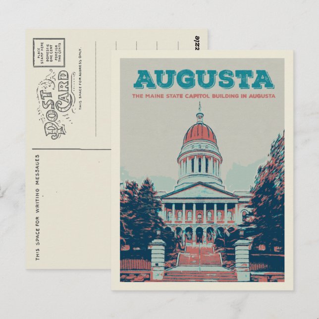 Carte Postale Illustration du capitole d'État Augusta Maine (Devant / Derrière)