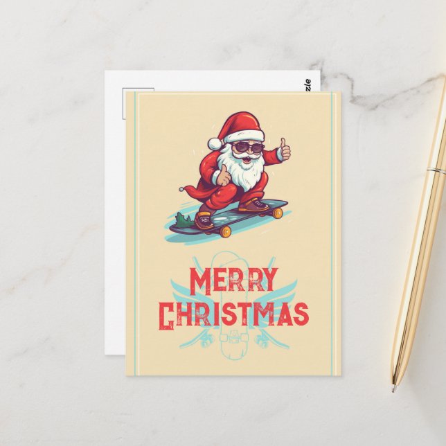 Carte Postale Illustration du dessin du patineur du Père Noël (Devant/Arrière en situation)