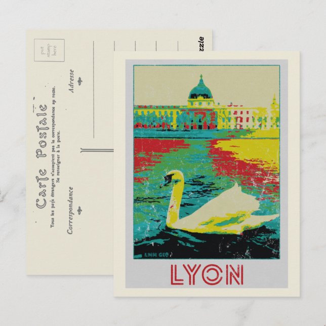 Carte Postale Illustration du fleuve Lyon Rhône France (Devant / Derrière)