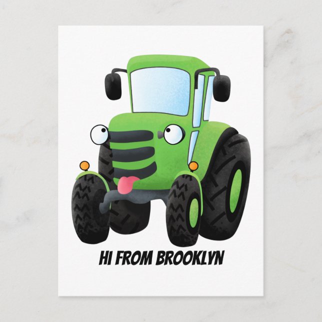 Carte Postale Illustration du joli joyeux tracteur agricole vert (Devant)