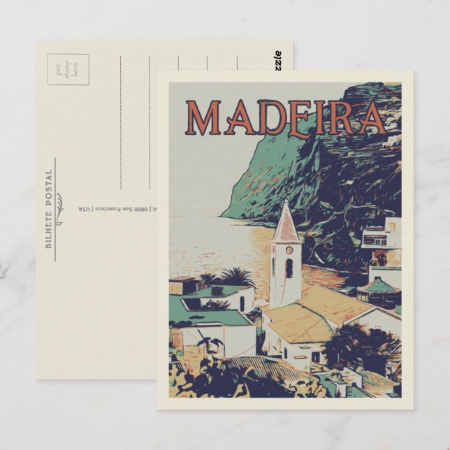 Carte Postale Illustration du paysage de Madère Portugal (Devant / Derrière)