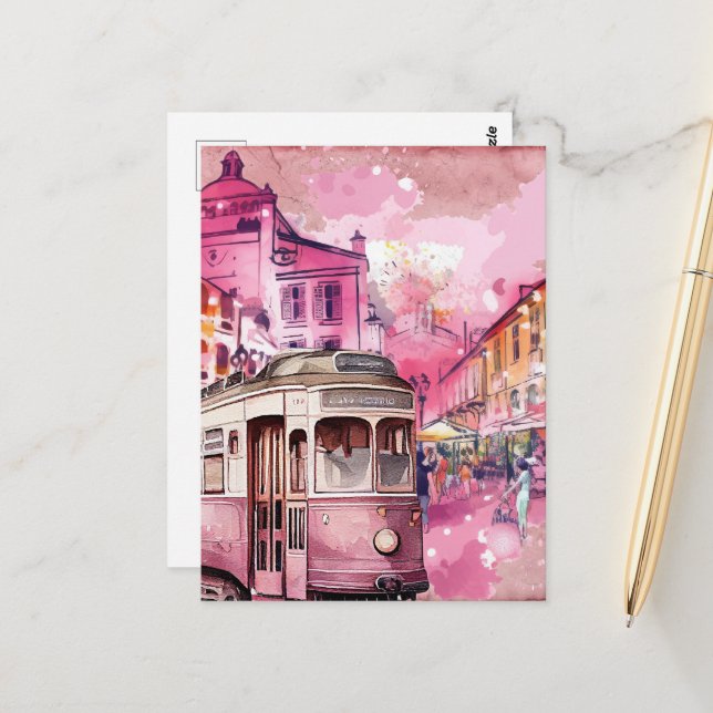 Carte Postale Illustration du paysage de voiture à chariot rose (Devant/Arrière en situation)