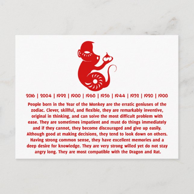 CARTE POSTALE ILLUSTRATION DU SINGE DE PAPERCUT CHINOIS ZODIAC (Devant)