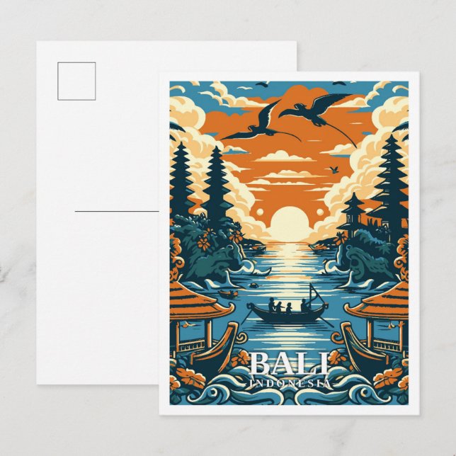 Carte Postale Illustration du Vintage voyage artistique de Bali  (Devant / Derrière)