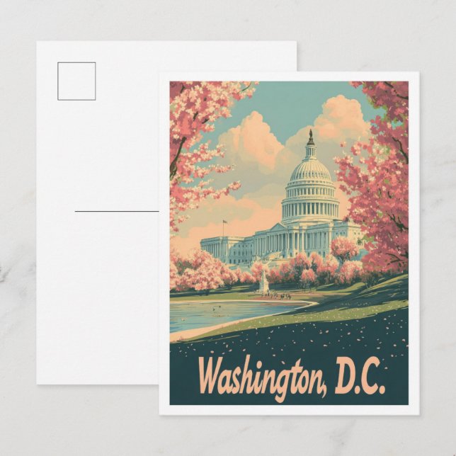 Carte Postale Illustration du Vintage voyage d'art de Washington (Devant / Derrière)
