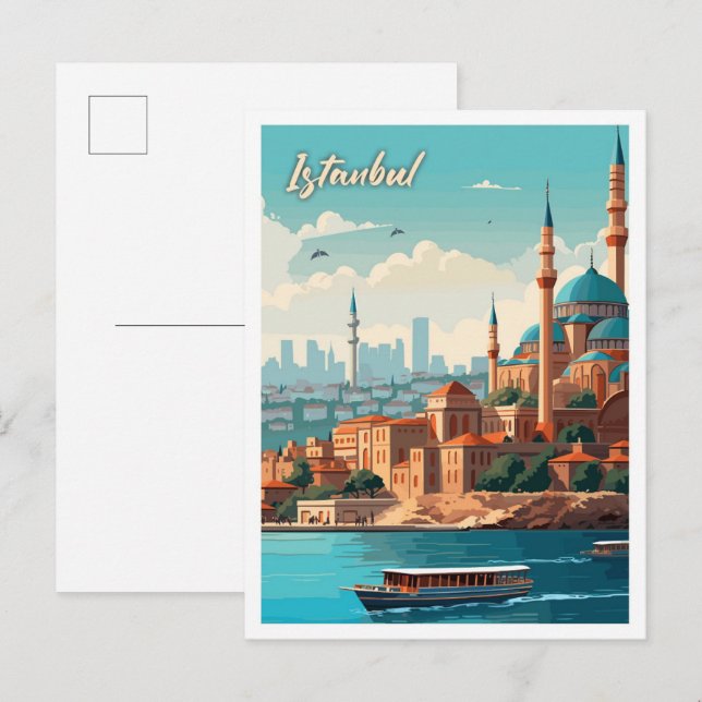 Carte Postale Illustration du Vintage voyage d'art Istanbul Turq (Devant / Derrière)