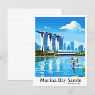 Carte Postale Illustration du Vintage voyage d'art Marina Bay Sa