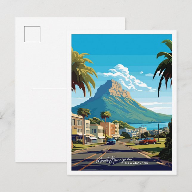 Carte Postale Illustration du voyage du Mont Maunganui en Nouvel (Devant / Derrière)