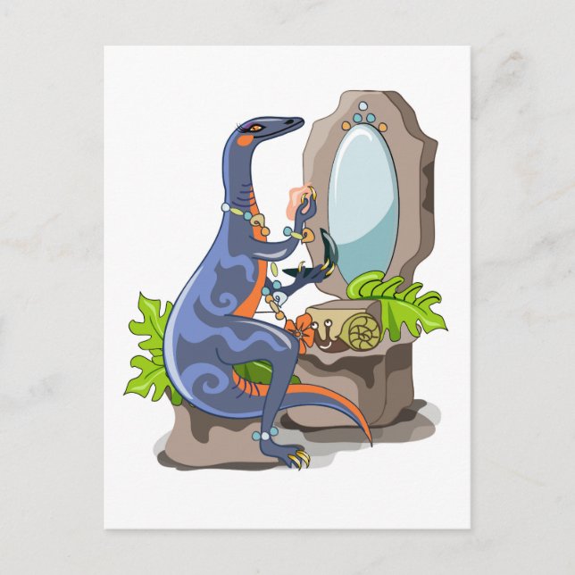 Carte Postale Illustration d'un Iguanodon se maquillant. (Devant)