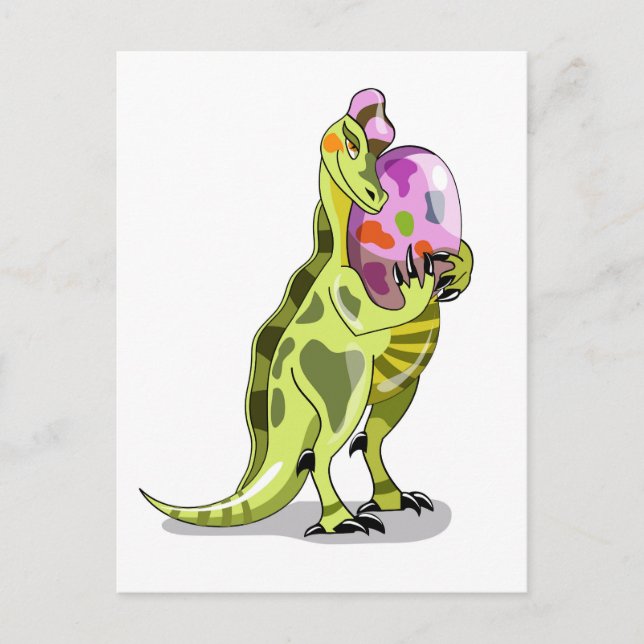 Carte Postale Illustration D'Un Lambéosaure Portant Un Oeuf. (Devant)