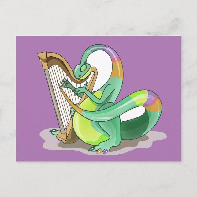 Carte Postale Illustration d'un Plateosaurus jouant de la harpe. (Devant)