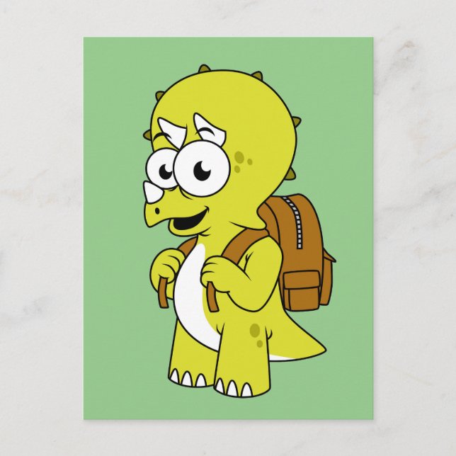 Carte Postale Illustration d'un Triceratops avec sac à dos. (Devant)