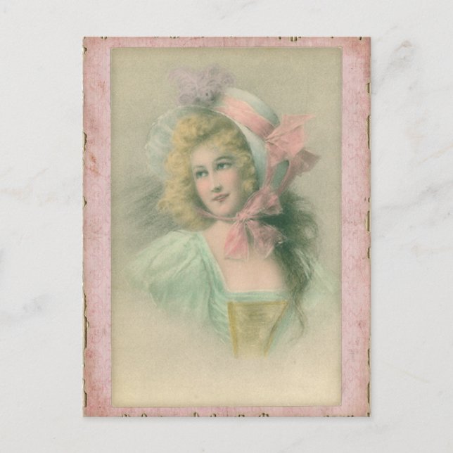 Carte Postale Illustration d'une dame Édouardienne vintage rose  (Devant)