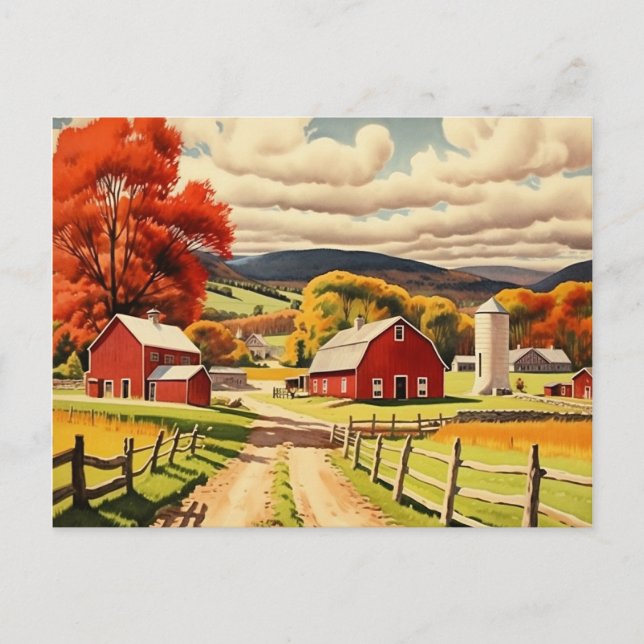 Carte Postale Illustration d'une ferme d'automne (Devant)