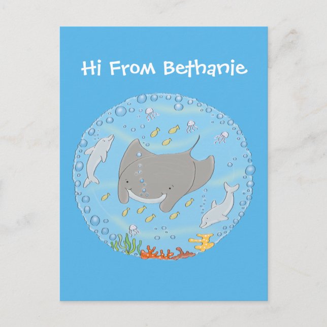 Carte Postale Illustration d'une mignonne raie manta et de bulle (Devant)