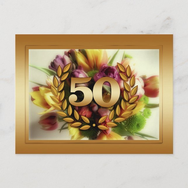 Carte Postale illustration florale cadre doré 50e anniversaire (Devant)