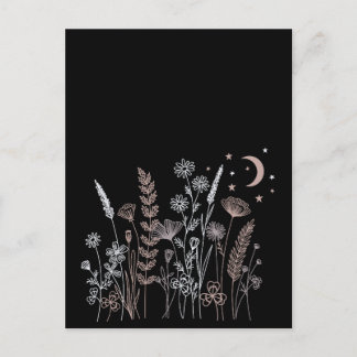 Carte Postale Illustration florale de nuit bohème – Lune, Étoile
