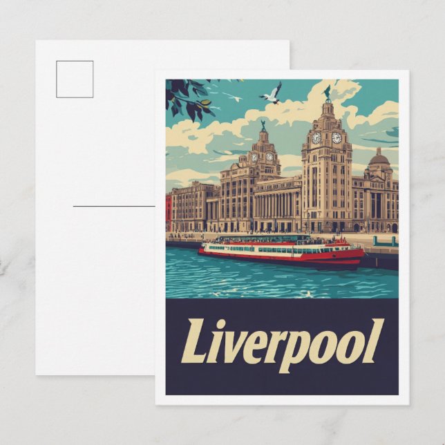 Carte Postale Illustration Liverpool England Art Vintage voyage (Devant / Derrière)