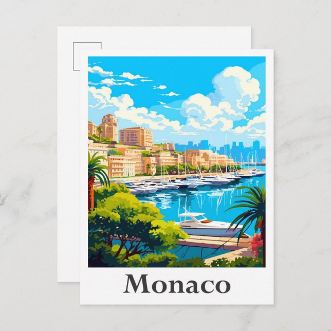 Carte Postale Illustration Monaco Art Vintage voyage (Devant / Derrière)