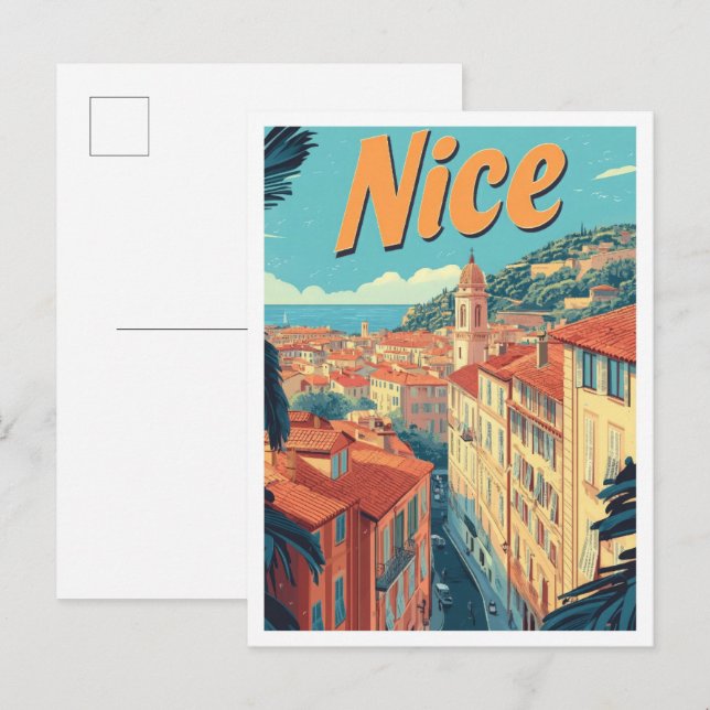 Carte Postale Illustration Nice France Art Vintage voyage (Devant / Derrière)
