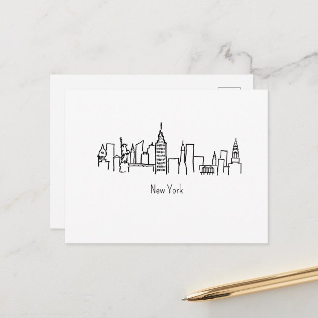 Carte Postale Illustration NYC Skyline New York (Devant/Arrière en situation)