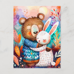 Carte Postale Illustration of bear hugging rabbit in forest.