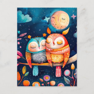 Carte Postale Illustration of owls hugging in forest at night