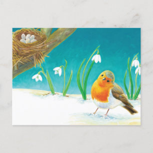 Carte Postale Illustration Red Robin Bird & snowdrops