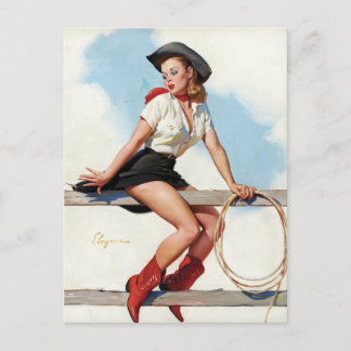Carte Postale Illustration Rétro Fille Cowgirl Vintage Western