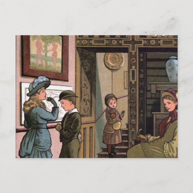 Carte Postale Illustration Vintage "Au Musée" (Devant)