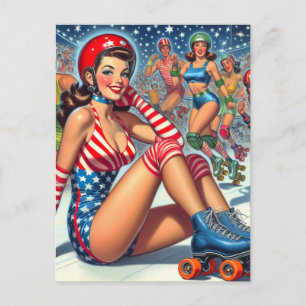 Carte Postale Illustration vintage de la fille à rouleaux