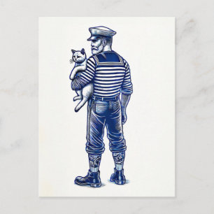Carte Postale Illustration vintage d'un marin tenant un chat